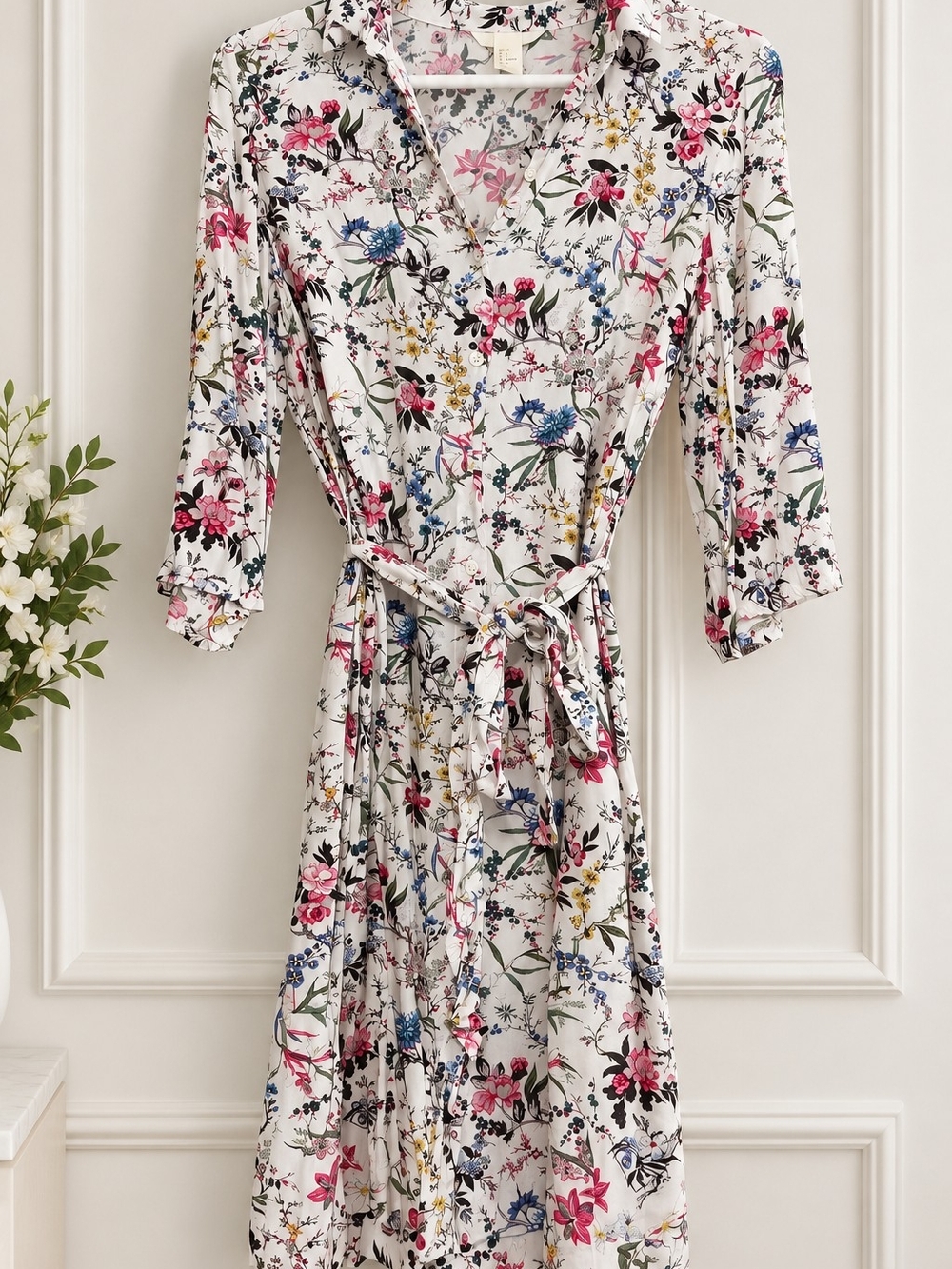H&M White Floral Wrap Midi Dress with Pink & Blue Blooms